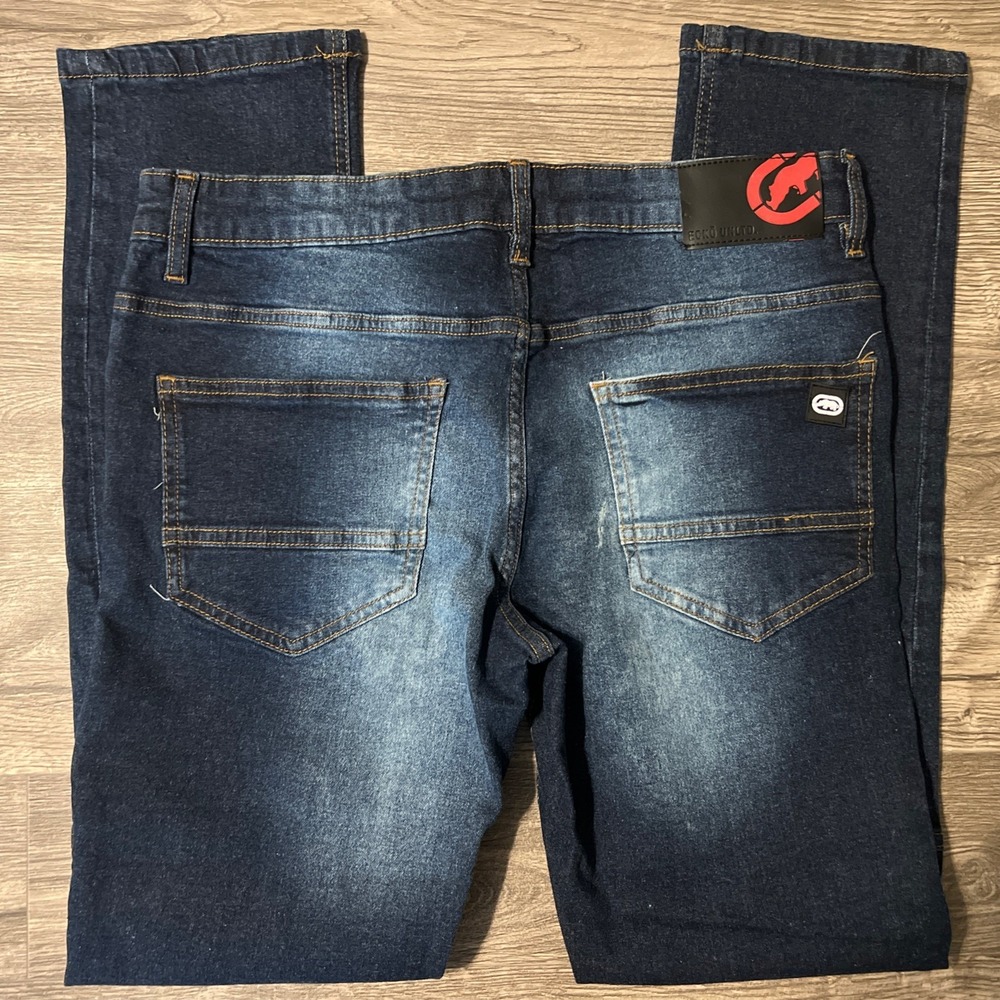 Ecko‎ Unltd Dark Wash Low Rise Men's Distressed Skinny Blue Jeans, Size 32x32 - Picture 3 of 12
